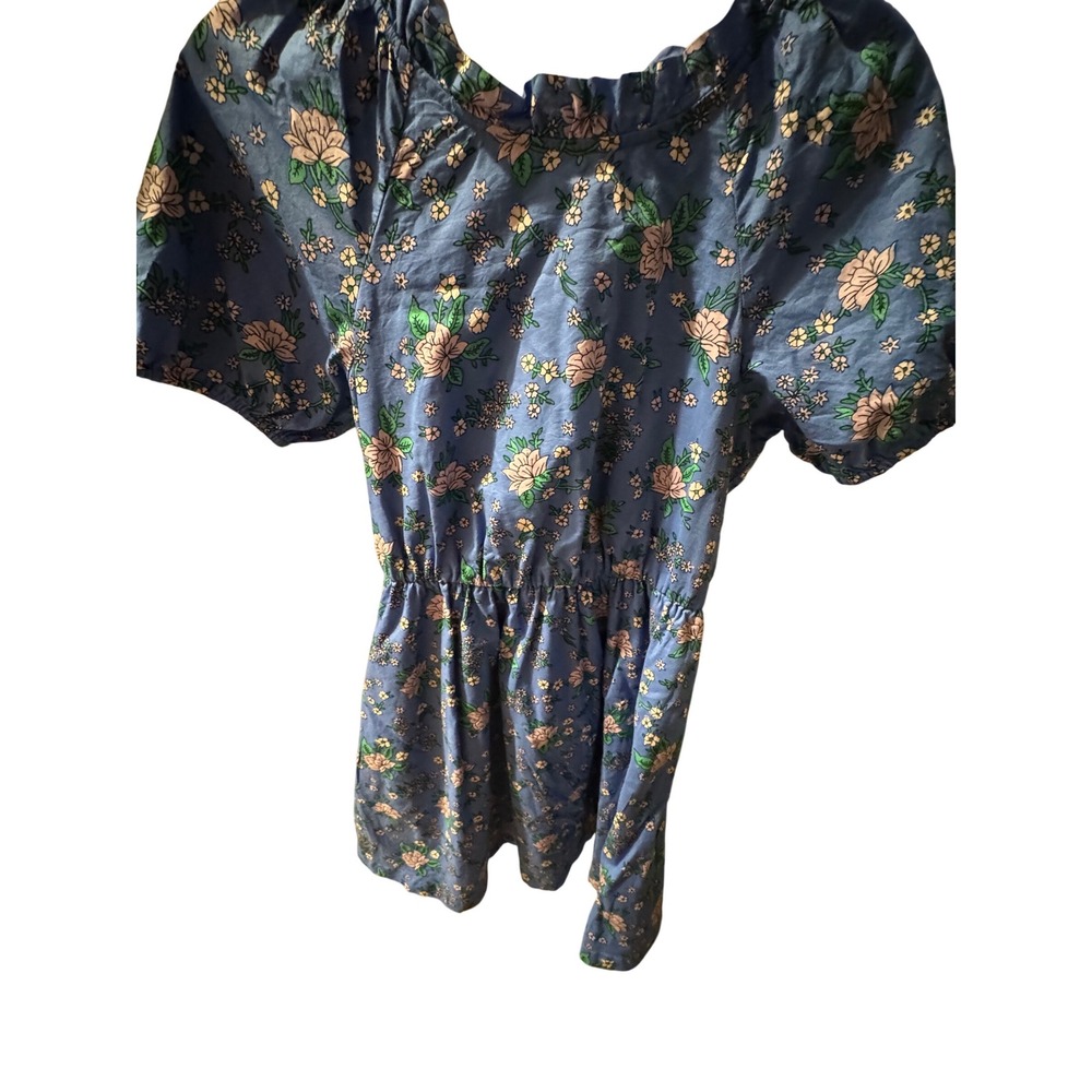 J Crew Blue Floral Puff Sleeve Smocked Waist Tie Back Romper Size 2
